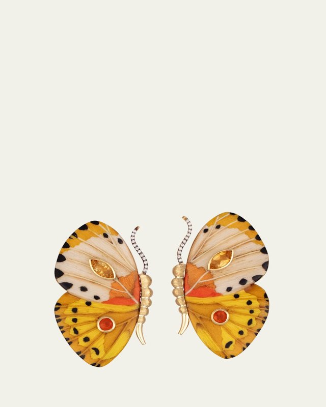 18K Yellow Gold Butterfly Wing Earrings with Yellow Pattern, Diamonds, Citrine and Fire Opal